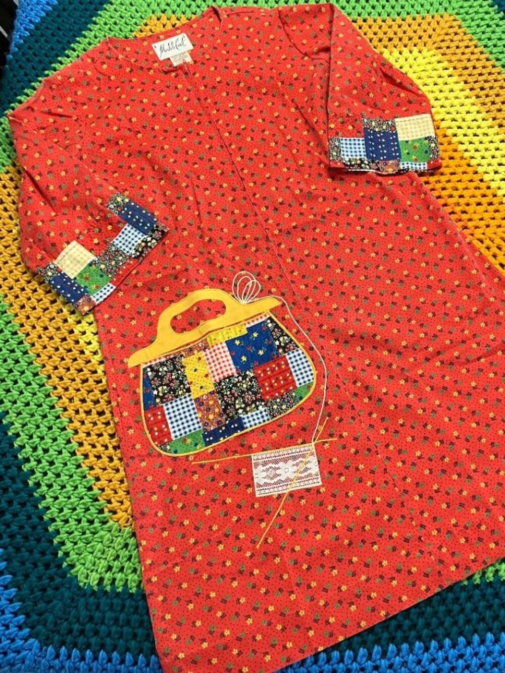 60's Vintage Models Coat Red Rainbow Calico Prairie Patchwork Purse Midi Dress